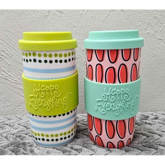 Coton Colors Other - Two Coton Colors Happy Everything 16 Oz Travel Mugs w/Silicone Sleeves
